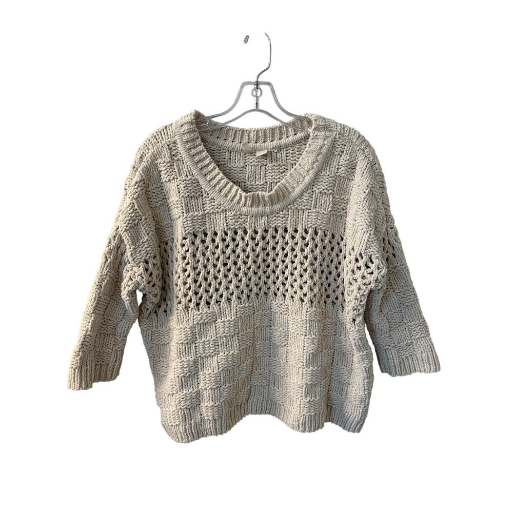 Anthropologie Moth Sz M Chenille‎ Sweater Chunky Cropped Beige Boho Open Knit